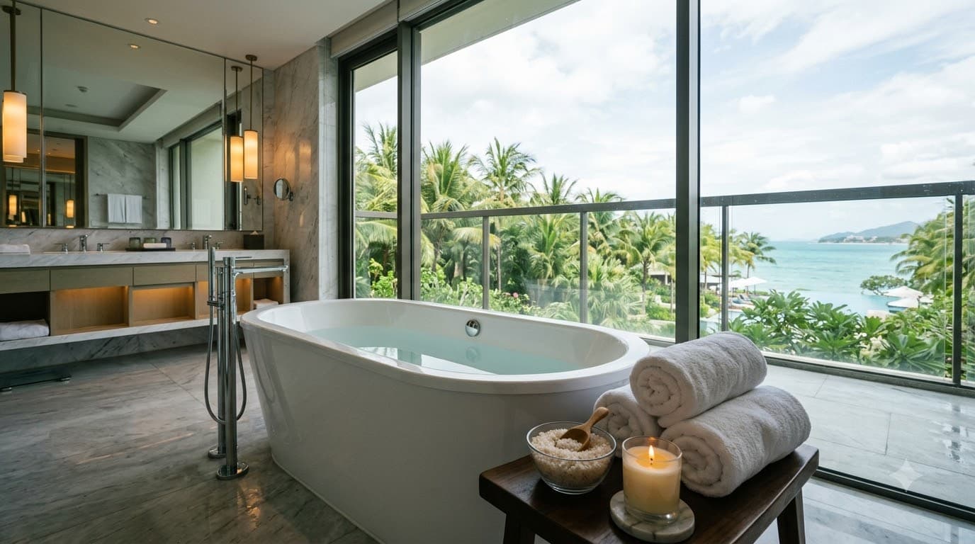 Bathroom Shot — Góc phòng tắm & vanity cao cấp với khăn trắng và muối tắm spa