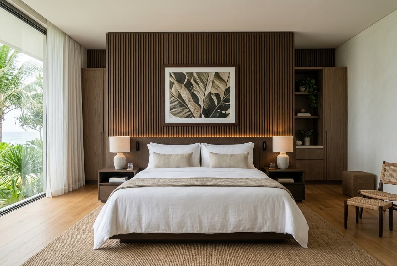 Straight-On Shot — Góc chính diện chụp headboard đối xứng với 2 đèn ngủ 2 bên, tiêu cự 50mm
