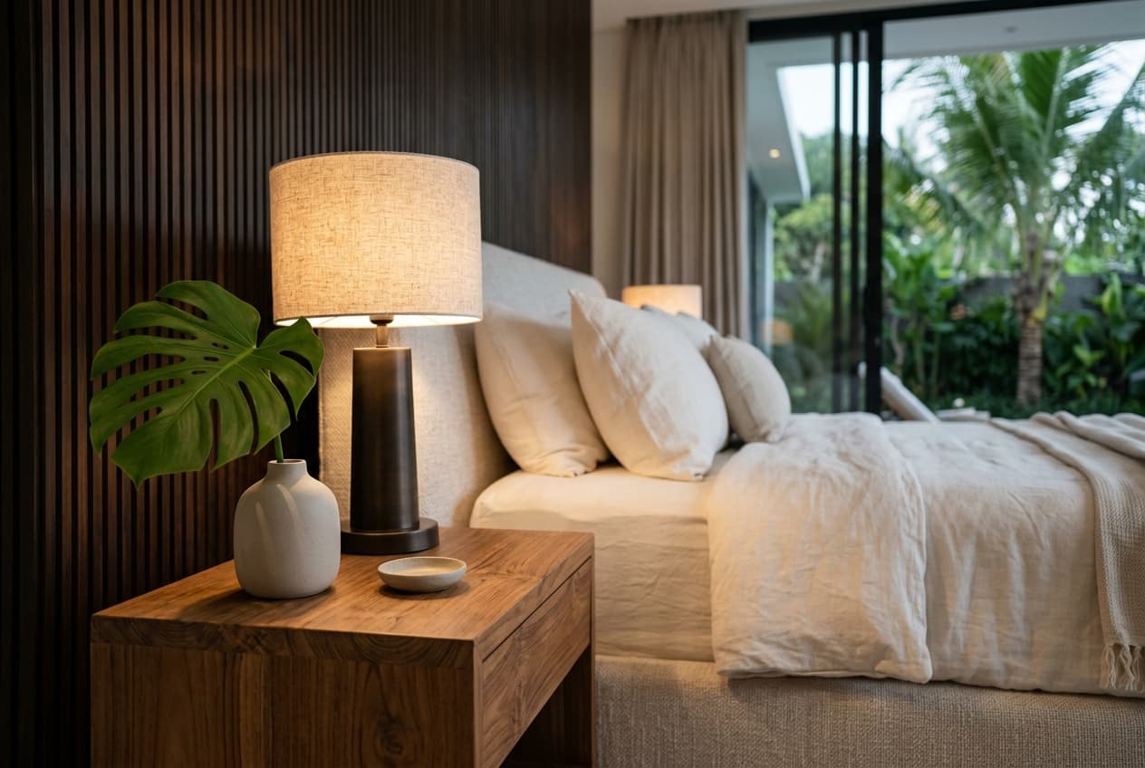 Detail Shot — Góc cận cảnh đèn ngủ và texture gỗ với ánh sáng ấm 45 độ, tiêu cự 85mm