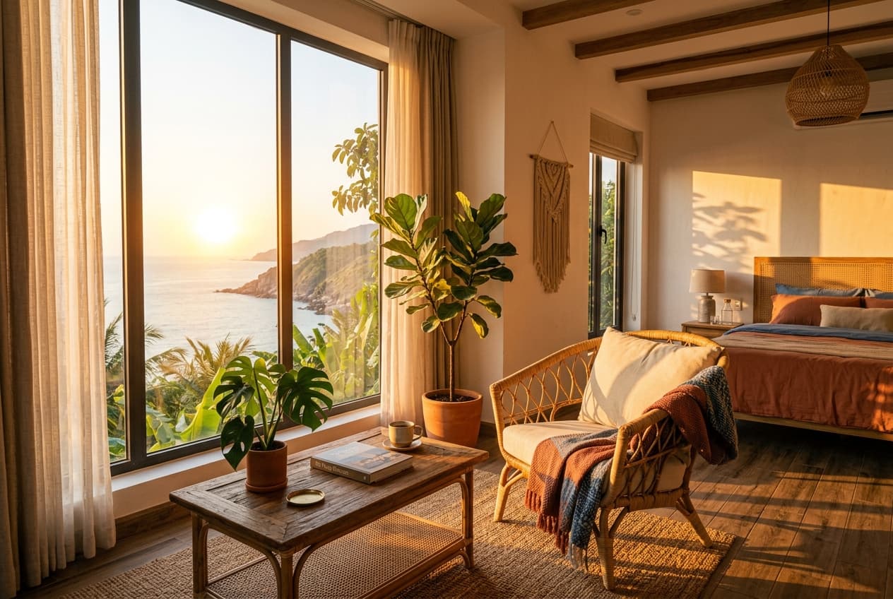 Seated Eye-Level Shot — Góc tầm mắt ngồi chụp khu vực sofa và view cửa sổ hoàng hôn