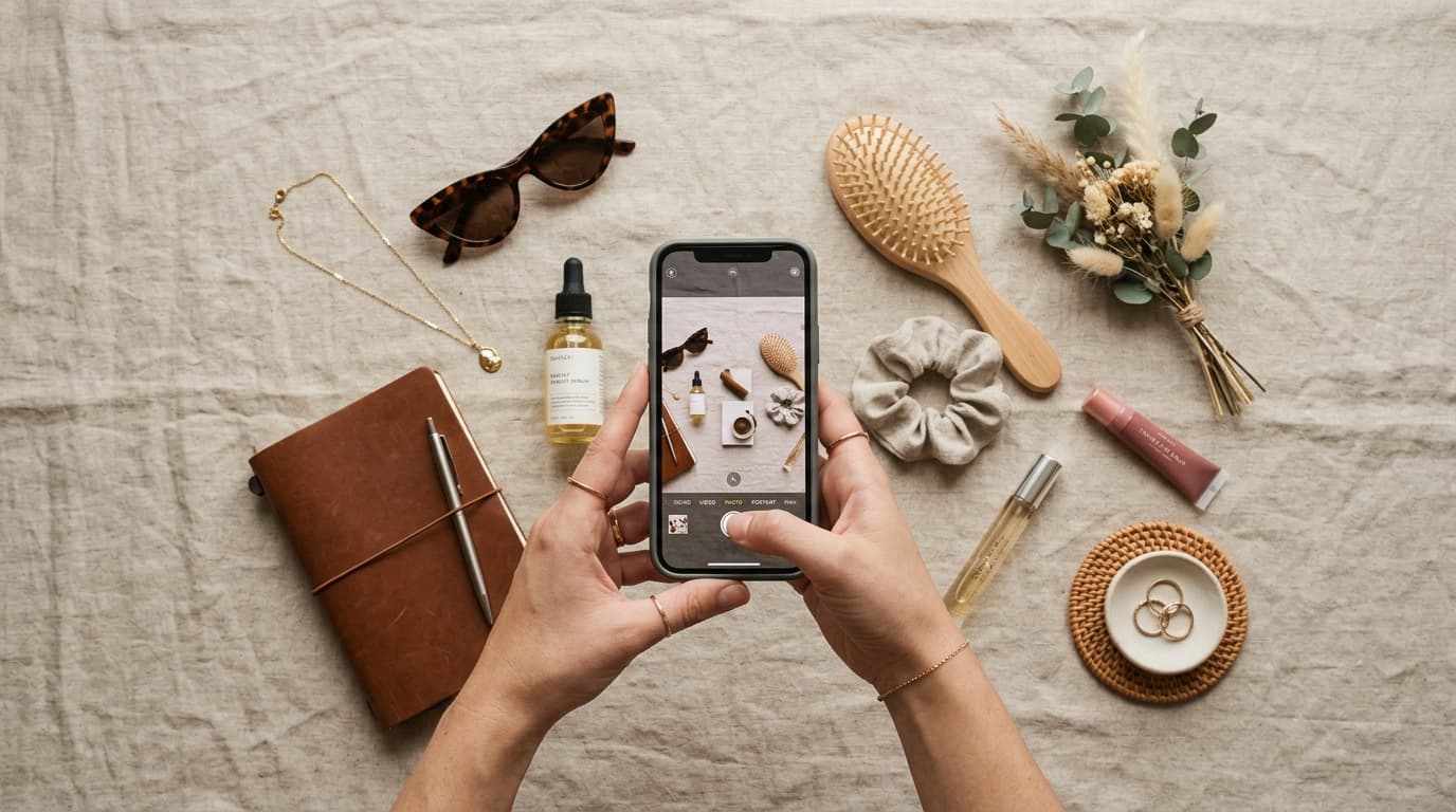 Bố cục flat lay chụp ảnh sản phẩm và phụ kiện bằng điện thoại