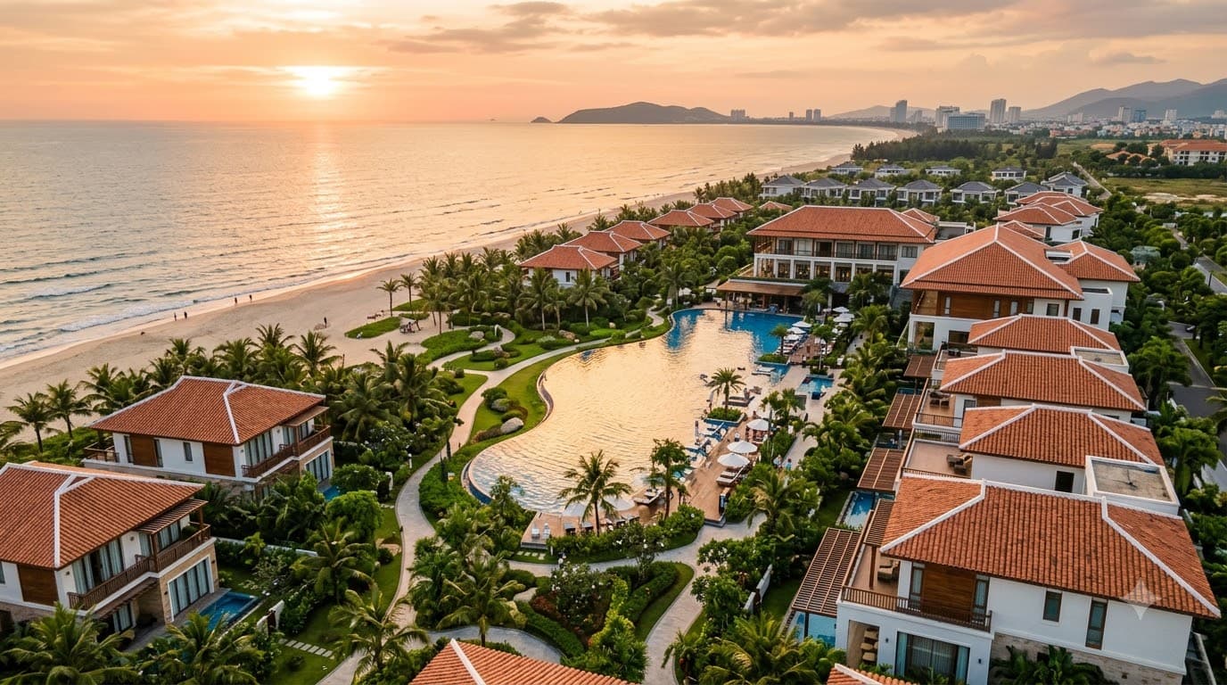 Flycam Shot — Góc trên không toàn cảnh resort sát biển vào giờ vàng