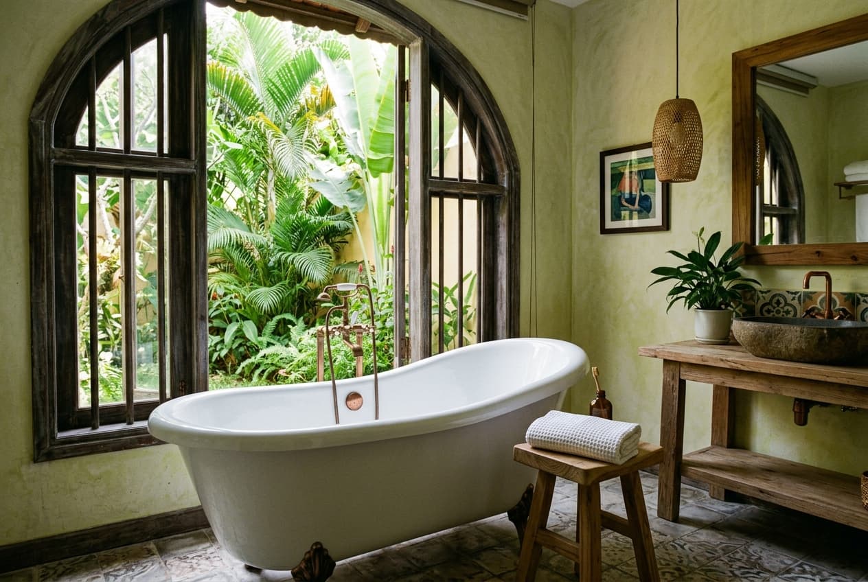 Luxury Bathroom Check-in — Góc bồn tắm view vòm kính mở ra mảng xanh nhiệt đới