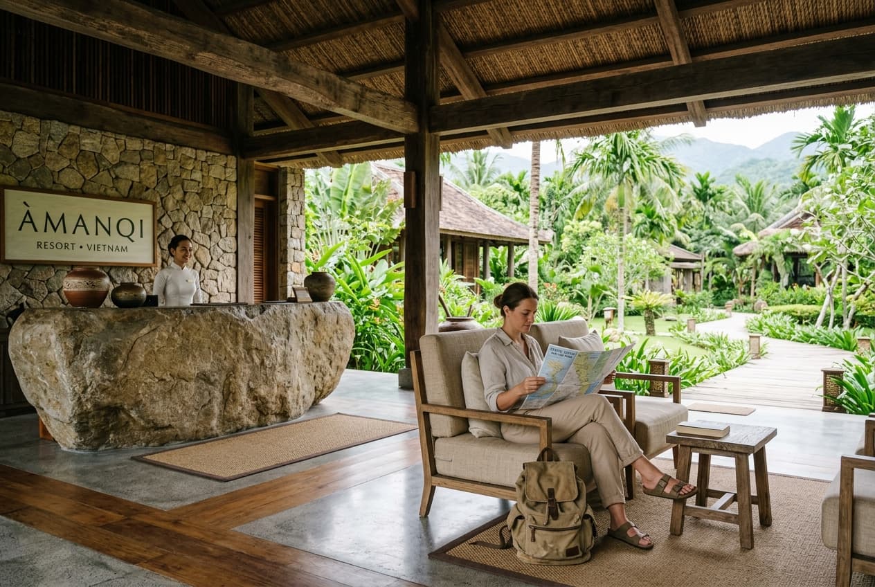 Lobby Check-in — Sảnh đón tiếp resort phong cách mở tự nhiên