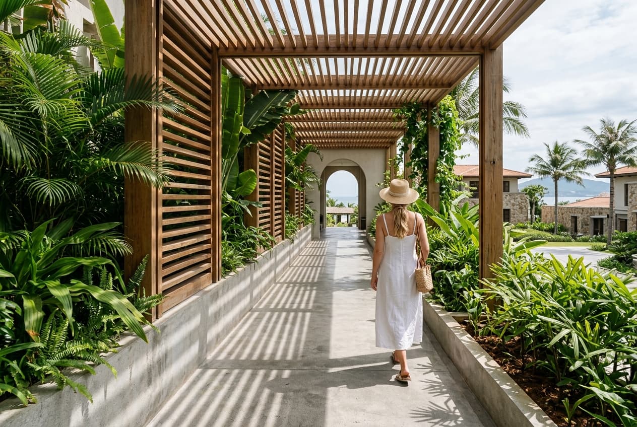Resort Pathway Check-in — Hành lang đón nắng và bóng đổ xiên nghệ thuật tại resort ven biển