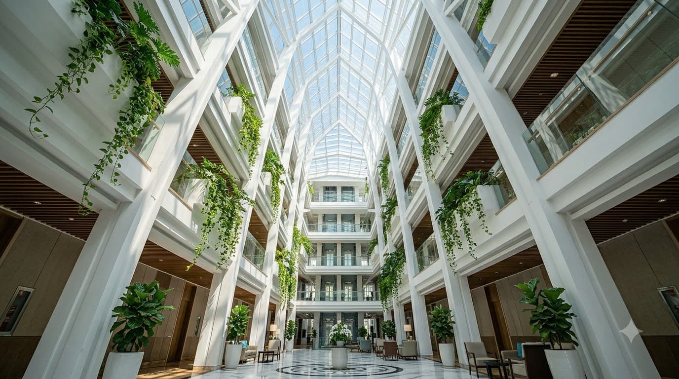 Atrium Shot — Góc nhìn lên giếng trời và cầu thang xoắn nghệ thuật