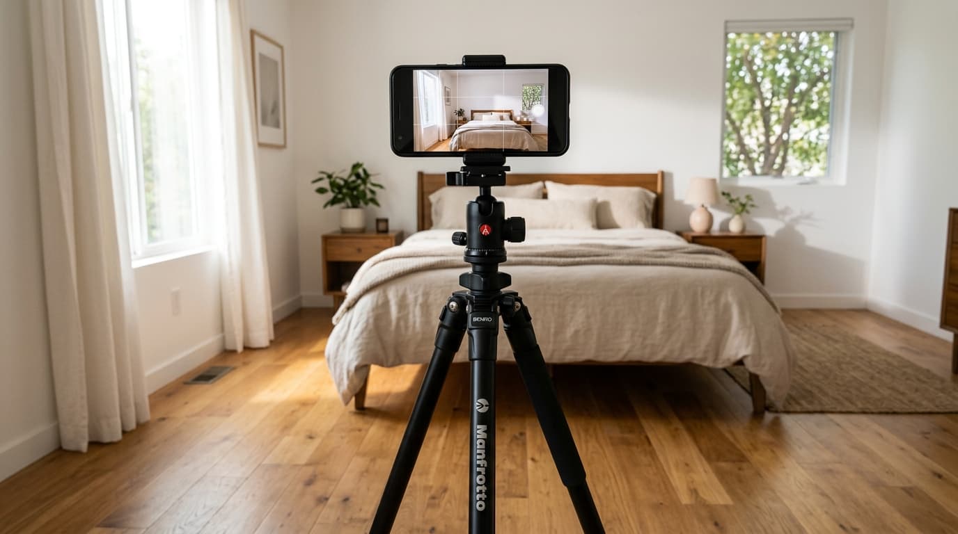Thiết lập điện thoại trên tripod chụp ảnh nội thất homestay
